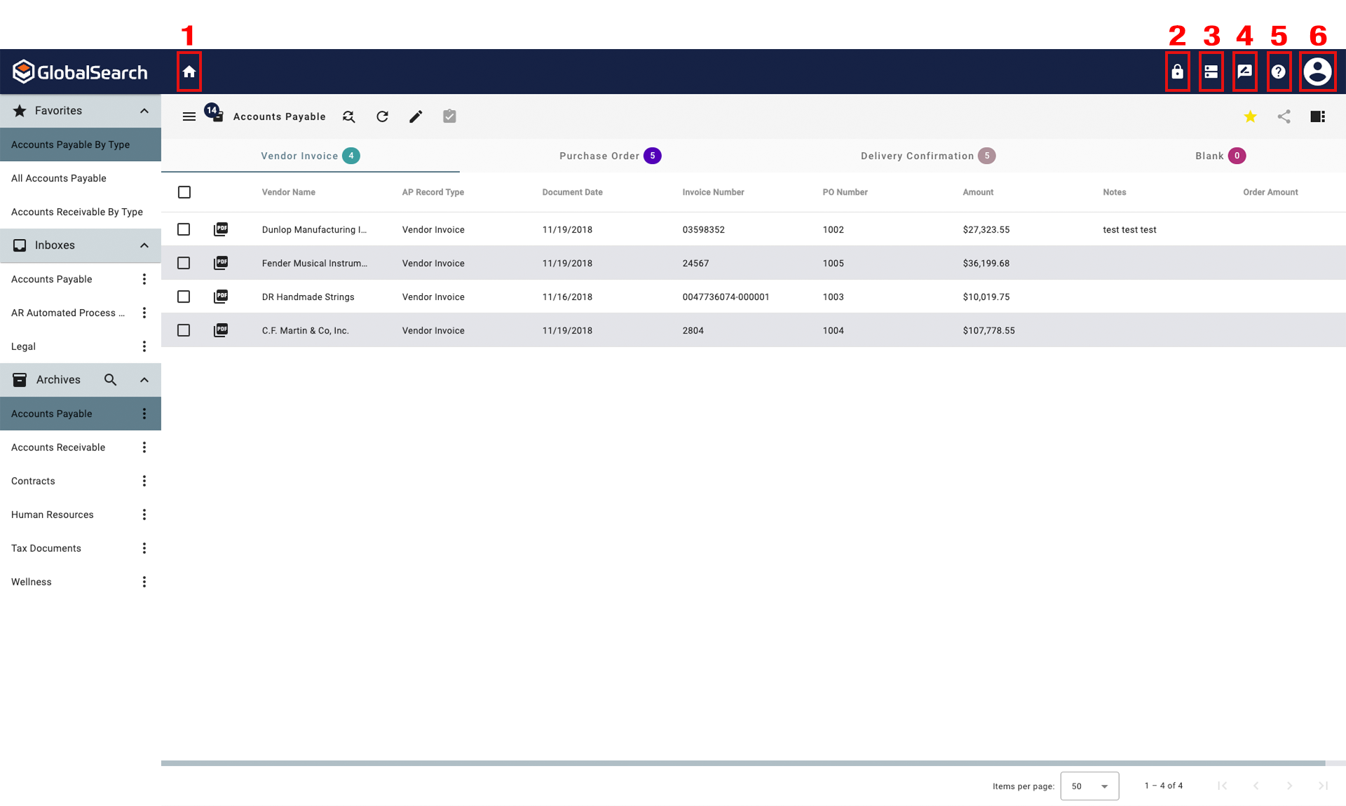 The toolbar running across the top of the page contains the GlobalSearch Logo on the left with the Return to Database Icon directly next to it.  On the right side of the toolbar are the Administration, Database Select, Feedback, More information, and User Settings Options.