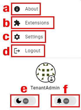 When expanded, user settings contains information about licensing, user customizable settings, logging out of GlobalSearch, setting the mode to light or dark and allowing browser notifications.