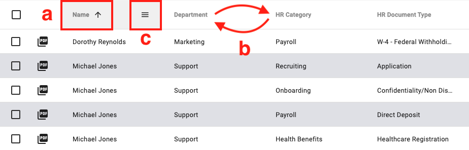 Change the order by clicking the index field heater, drag index field headers to re-arrange, and click the filter to the right of the index field to narrow down results.