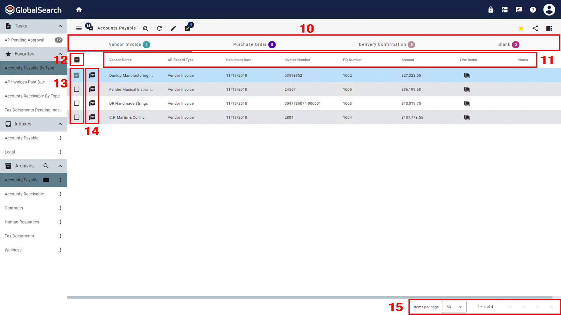 A list of document data returned in the form of a grid.