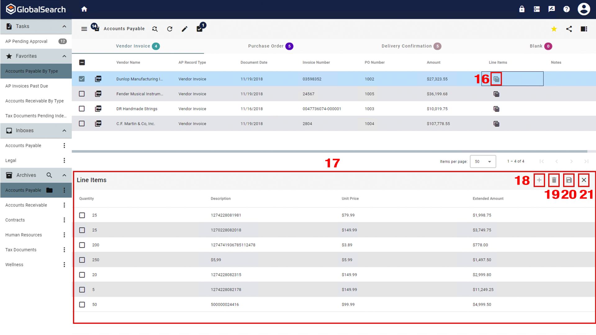 When table data is associated with a document, the table can be viewed at the bottom of the search results view by clicking on the table field.