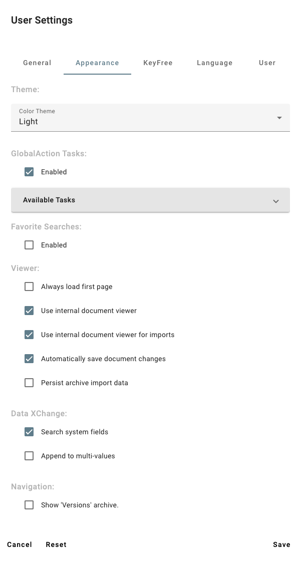 Appearance tab user settings