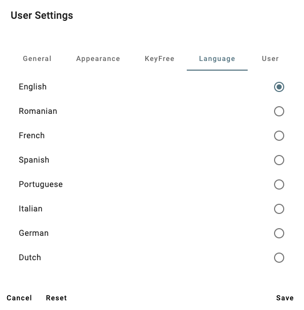 Language tab user settings.