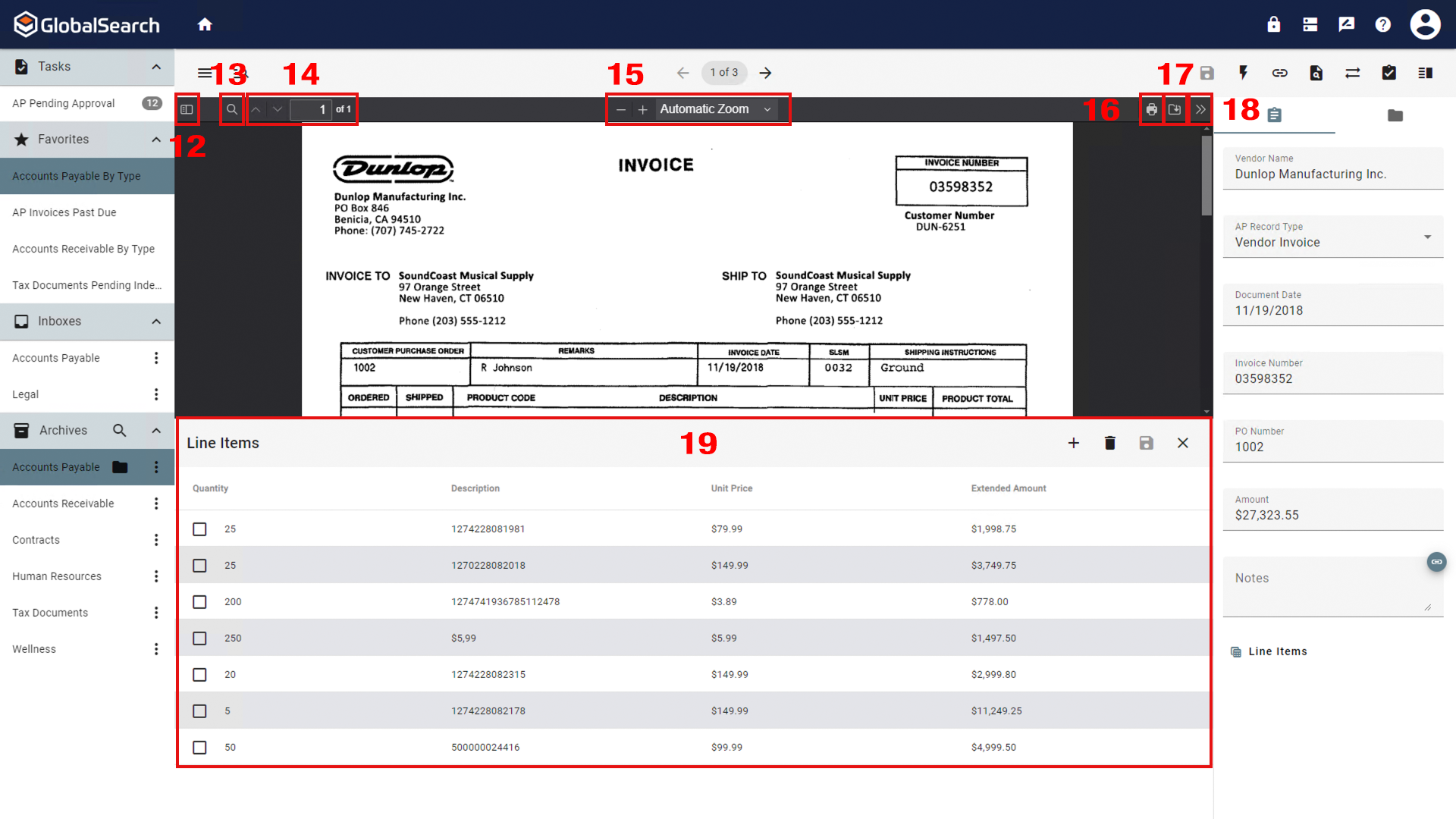 Main component of the page is the document viewer pane that displays the pages of the document and has tools for zooming and rotating, etc.