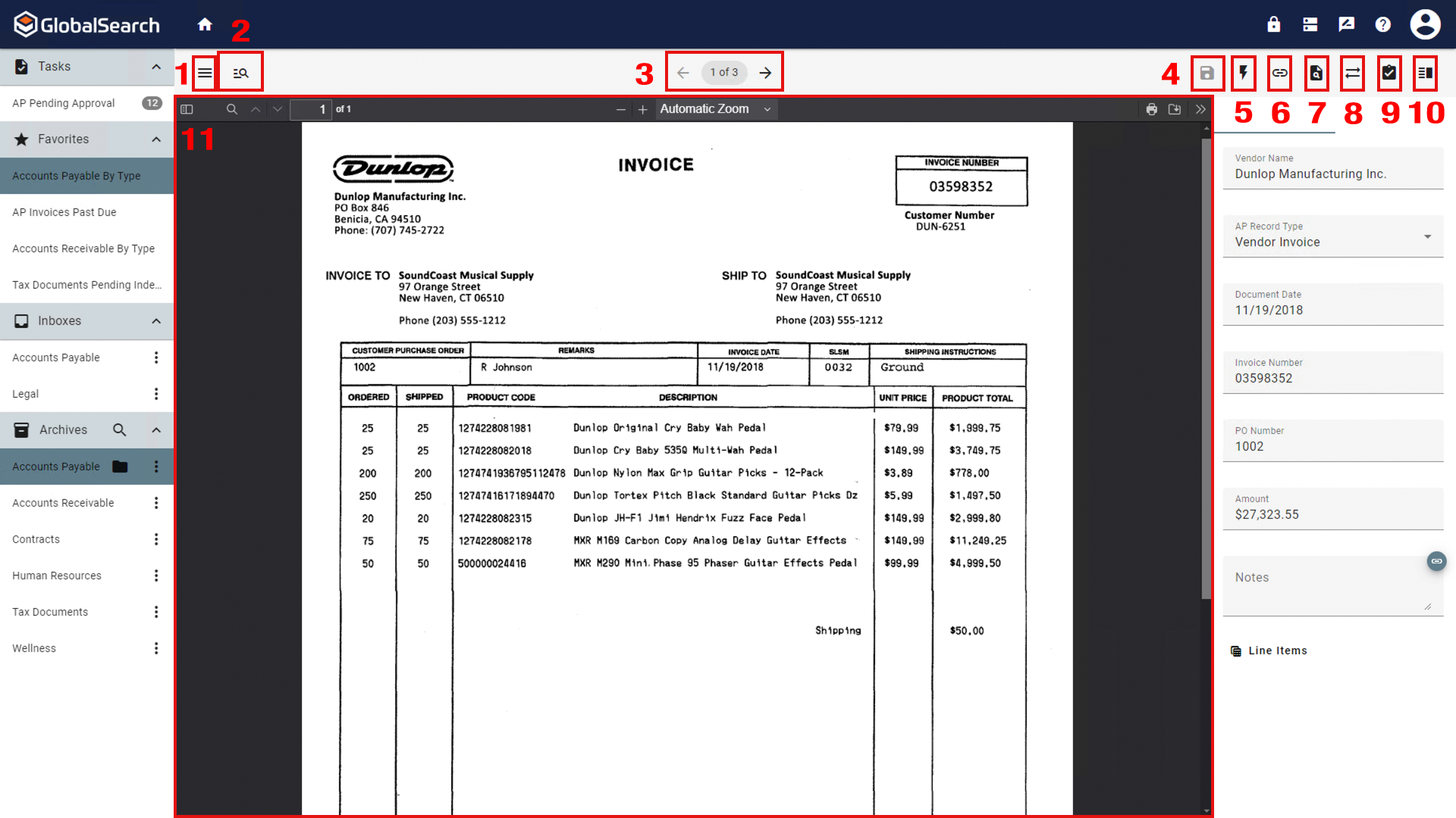 The document viewer toolbar allows for actions such as keyfree indexing, taking actions and viewing the history.