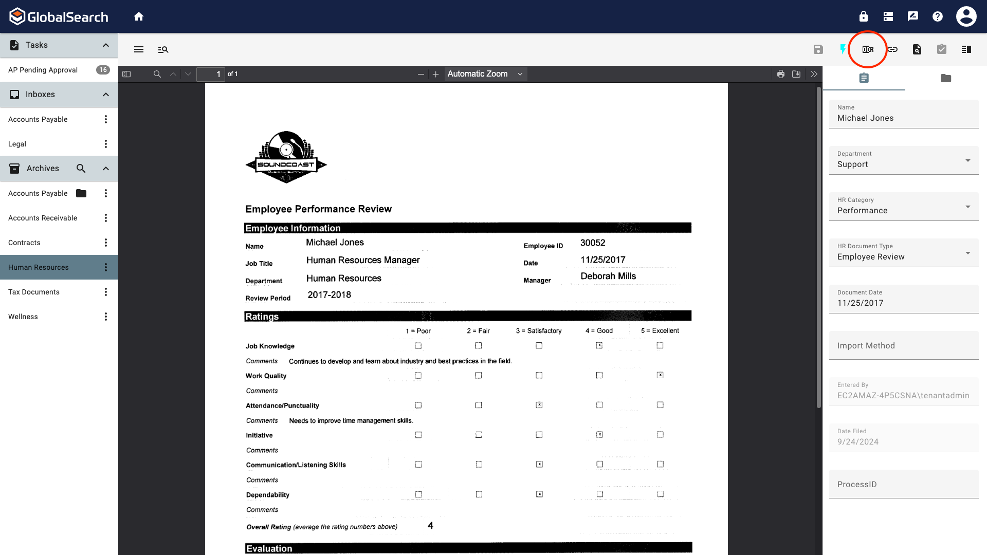 OCR icon to run ocr on the document in the viewer.