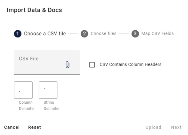 Import CSV file selection with options for delimiters and headers.