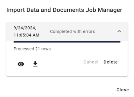 Completed import with errors and options to view or download the errors.