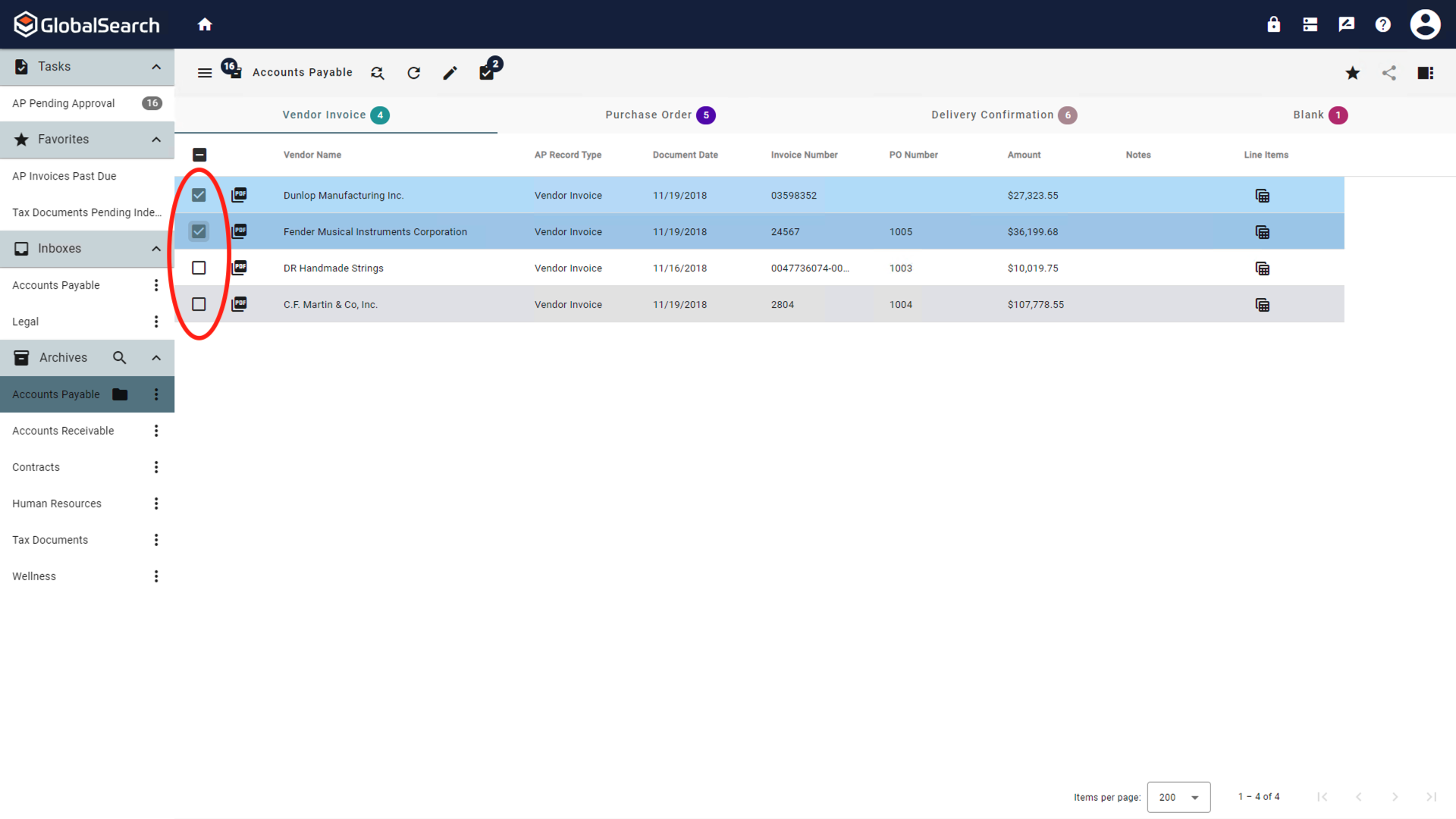 Selected documents to take action on.