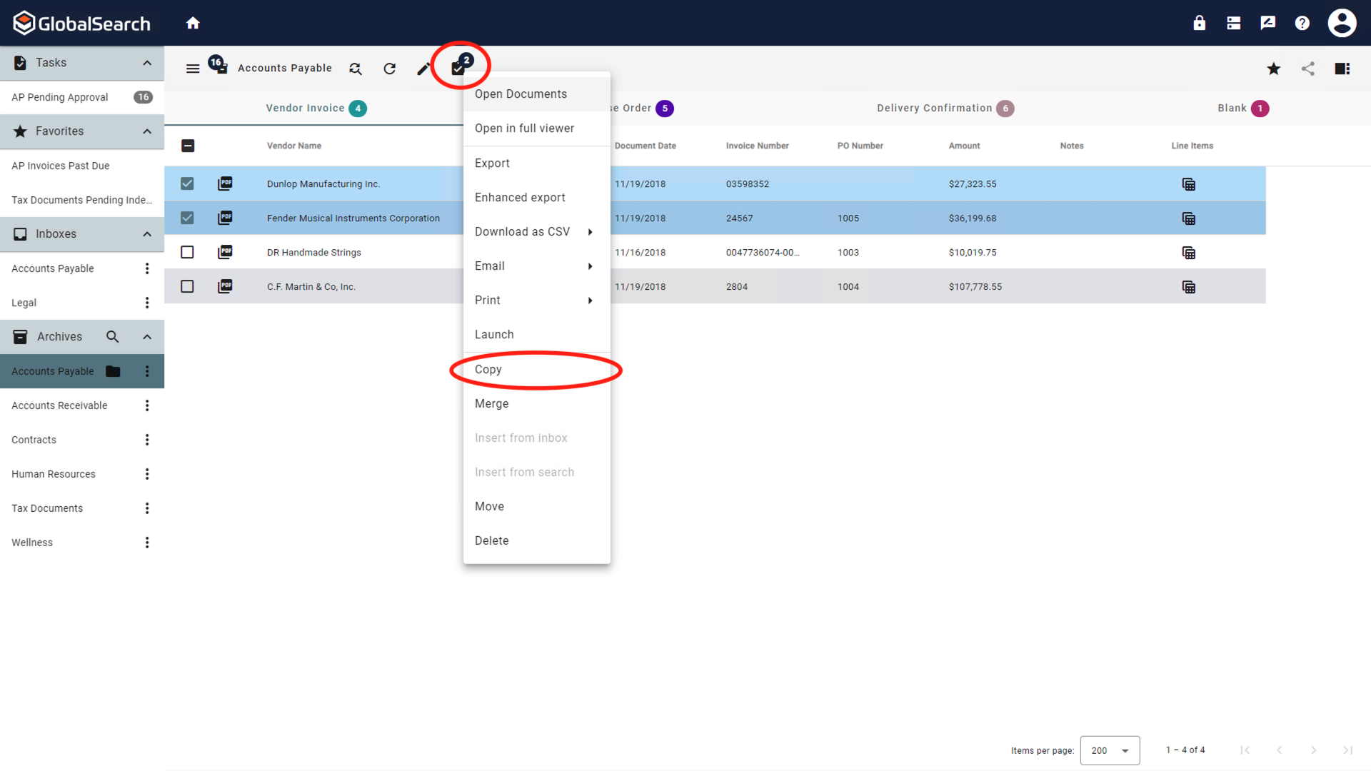 Expanded actions menu for selected documents.