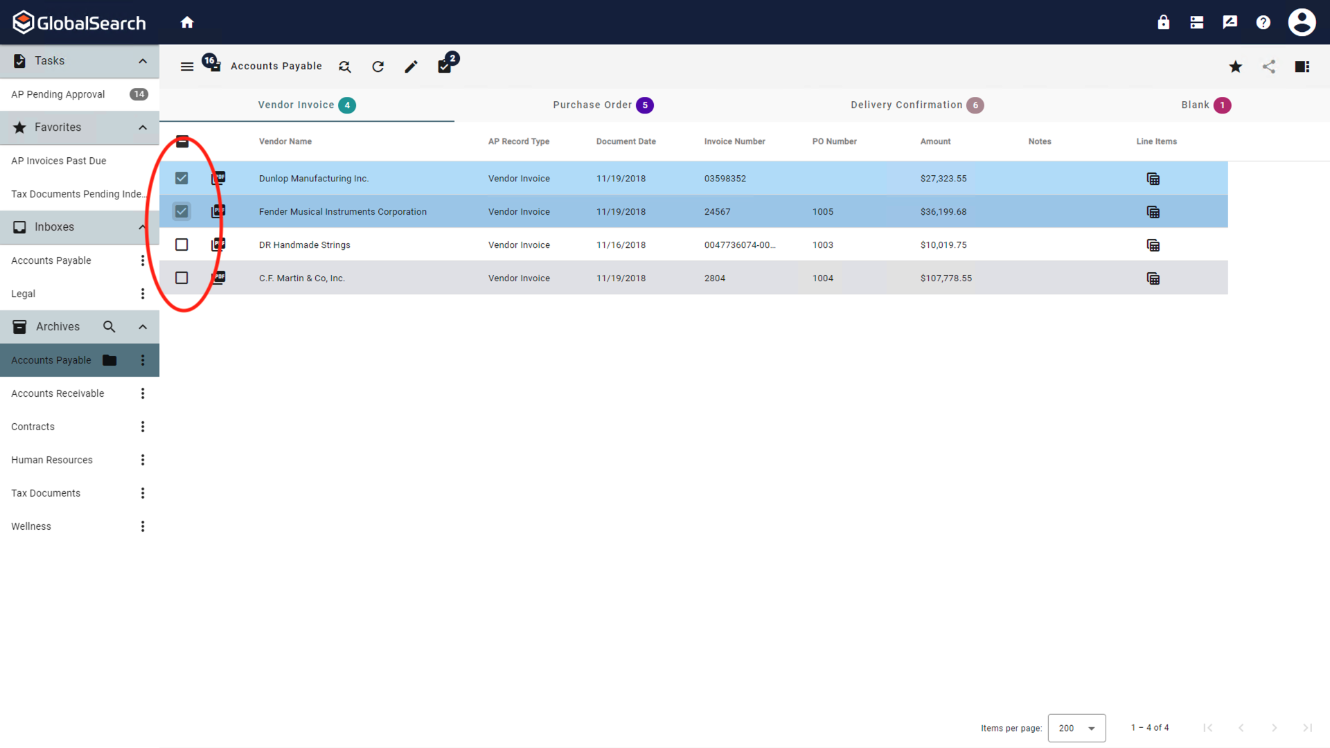 Selection of multiple documents to move.