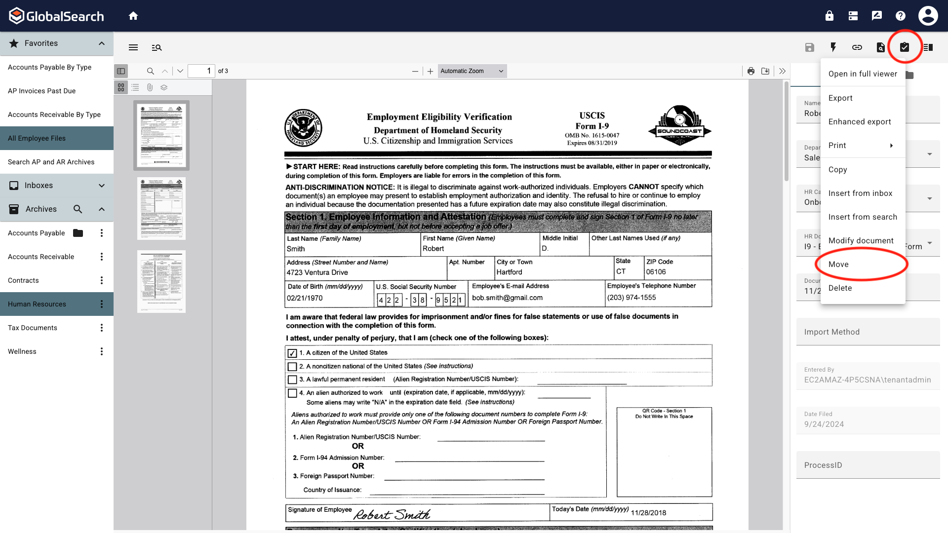 Action menu of the document viewer with the move option highlighted.