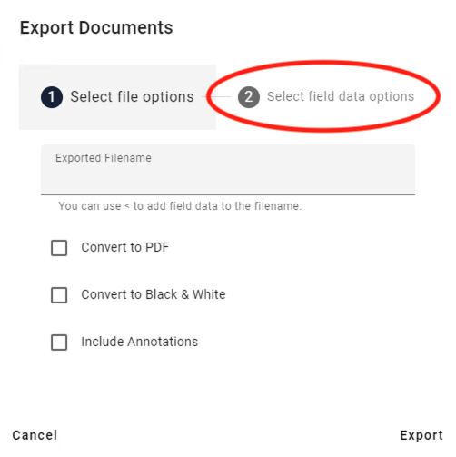 Export Documents popup window.