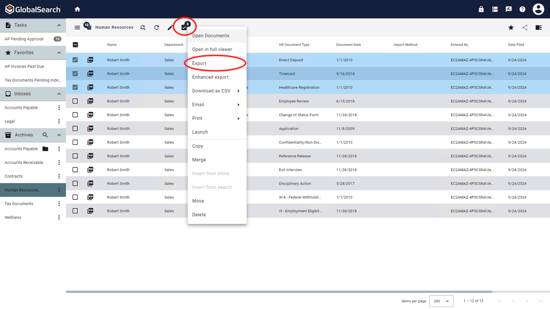 Actions menu for the selected documents.