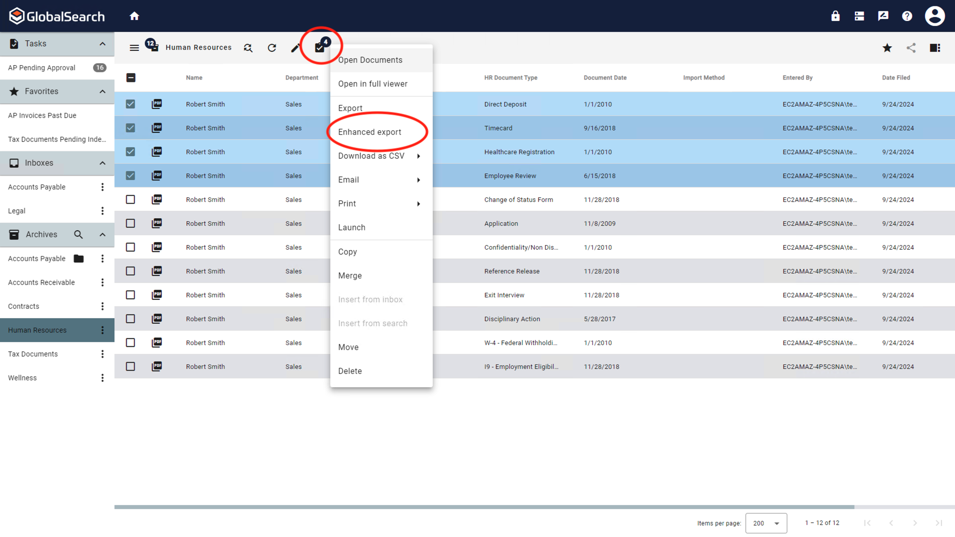 Actions menu for the selected documents.