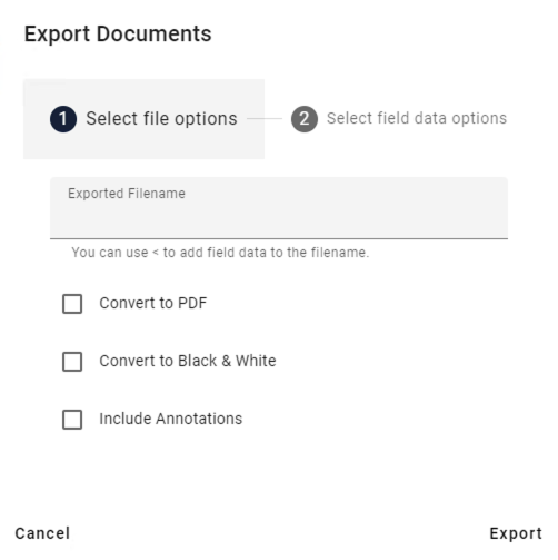 Export Documents select file options.