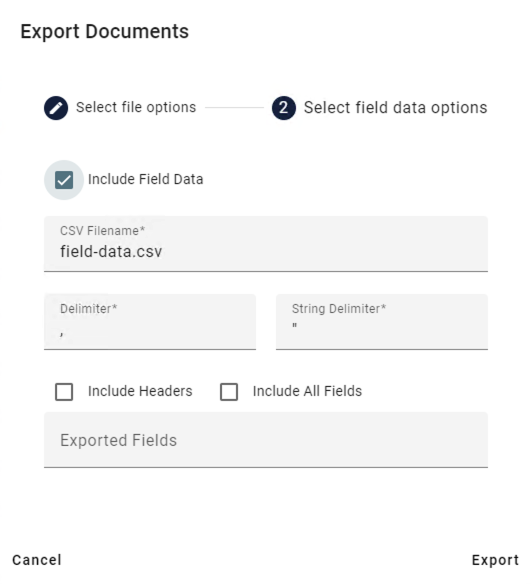 Export documents include field data enabled.