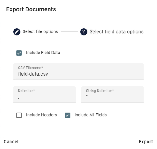 Export Documents include all fields enabled.