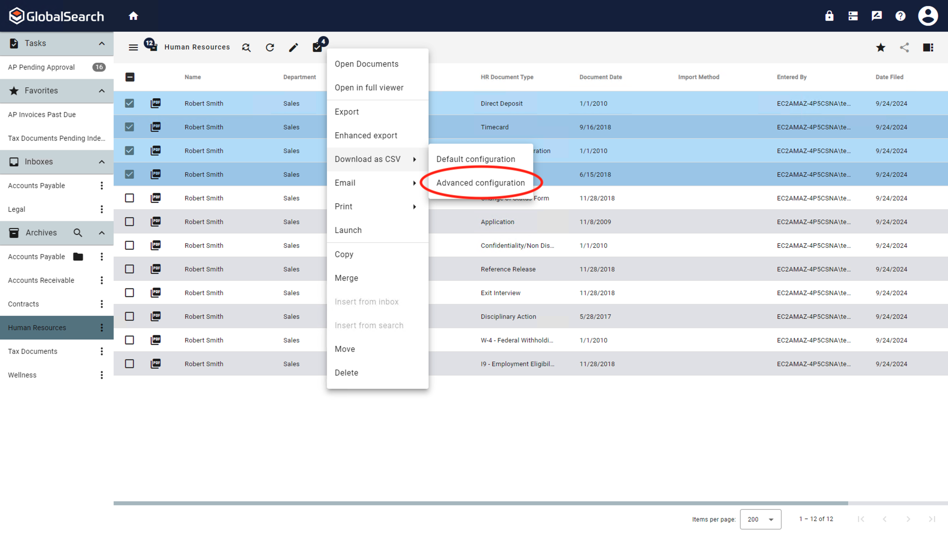 Download as CSV sub menu.