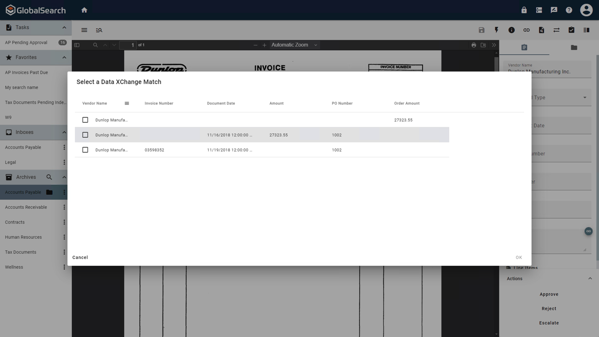 Multiple data exchange matches returned for selection.