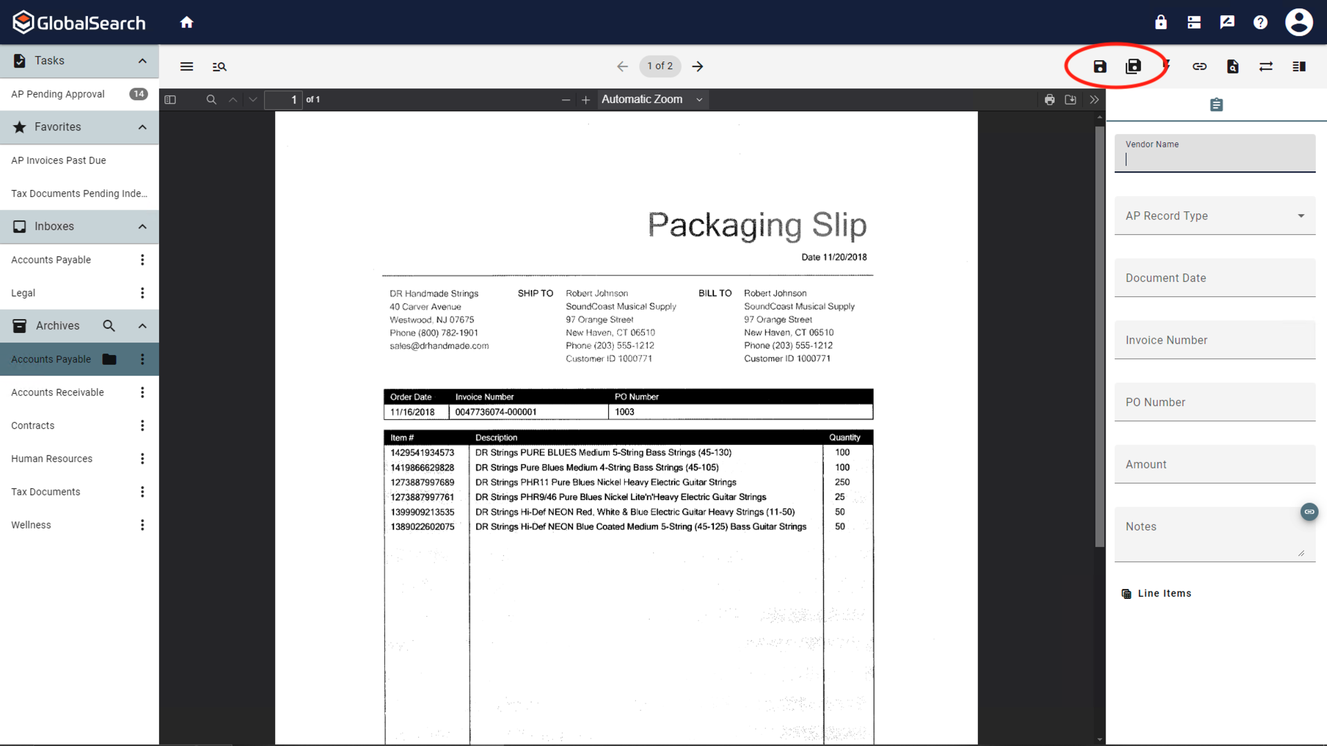 Use the save or save all options to the right in the document viewer toolbar to apply the index data to one or all the documents.