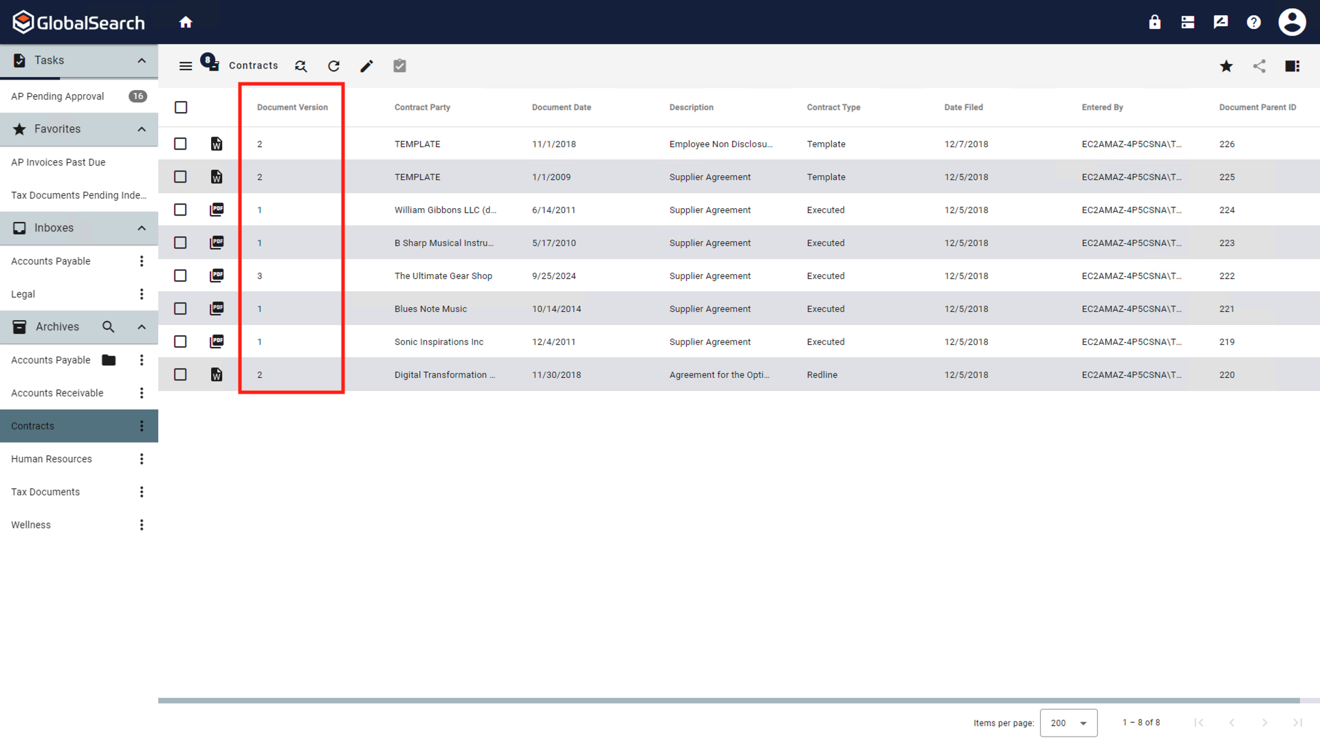 Versioned Archive with the document version column highlighted.