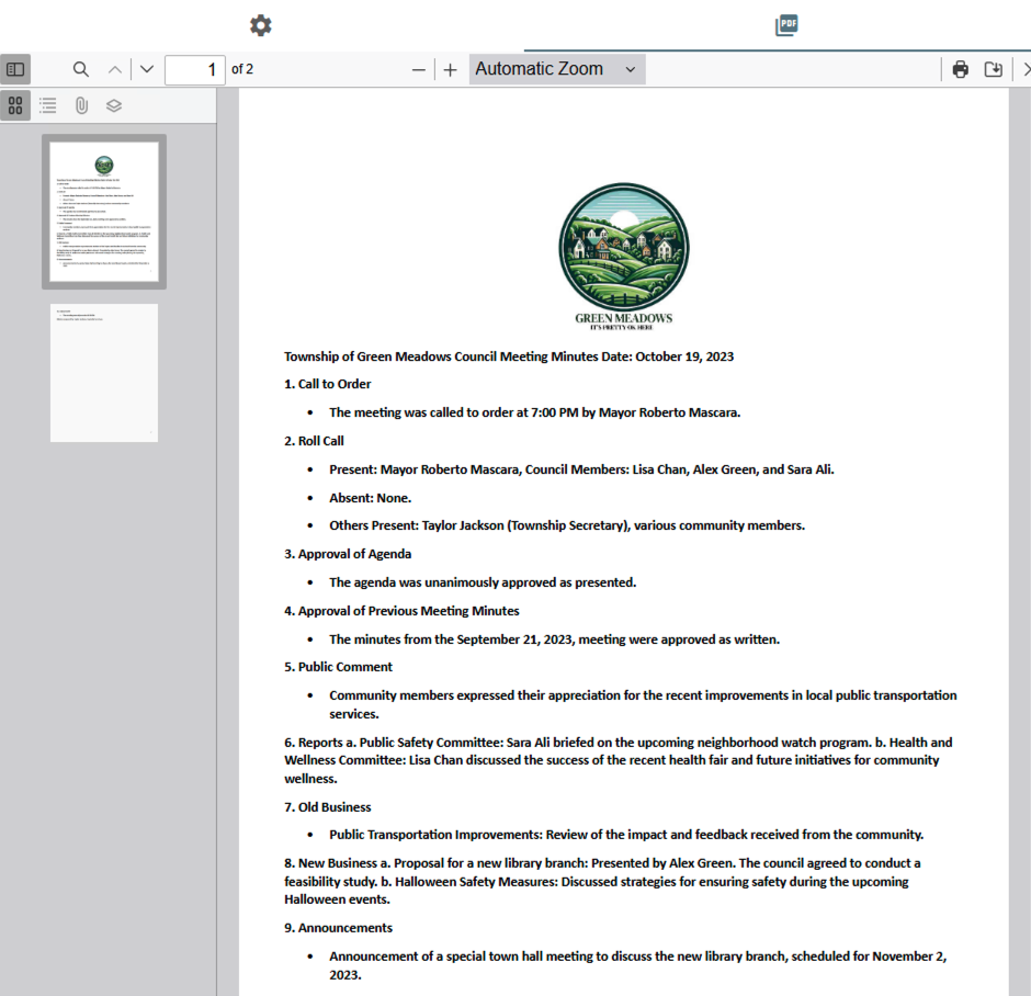 Preview window of the document in the grid view.