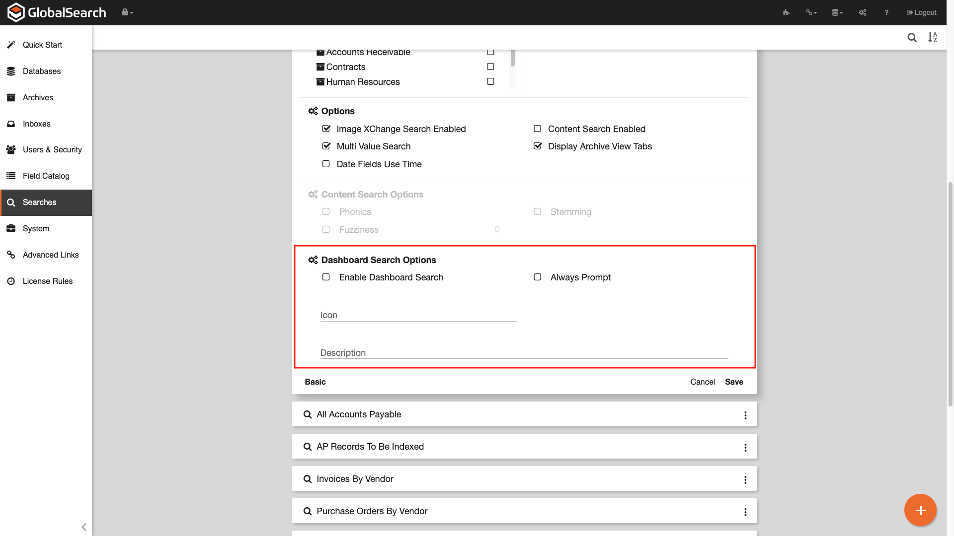 Dashboard search options when advanced options for a search are expanded.